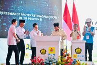 Presiden Prabowo Subianto saat meresmikan 26 Pembangkit Listrik di 18 provinsi, yang dipusatkan di Pembangkit Listrik Tenaga Air (PLTA) Jatigede, kabupaten Sumedang, Senin (20/01/2025).