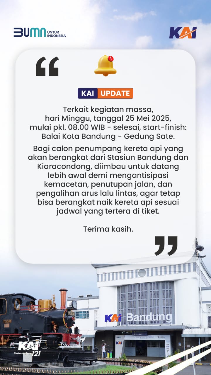 KAI Daop 2 Bandung Himbau Pelanggan Datang Lebih Awal ke Stasiun, Antisipasi Dampak Pawai  Kemenangan Persib.