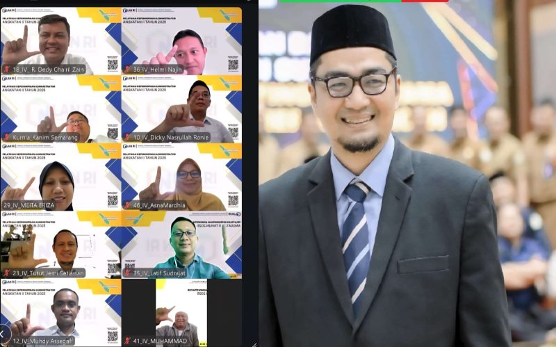 Kepala Dinas Pendidikan Aceh, Marthunis, ST., DEA., MA (kanan) saat menyampaikan paparan kepada peserta zoom Pelatihan Kepemimpinan Administrator (PKA) Angkatan II Tahun 2025. (dok/LAN RI Aceh)